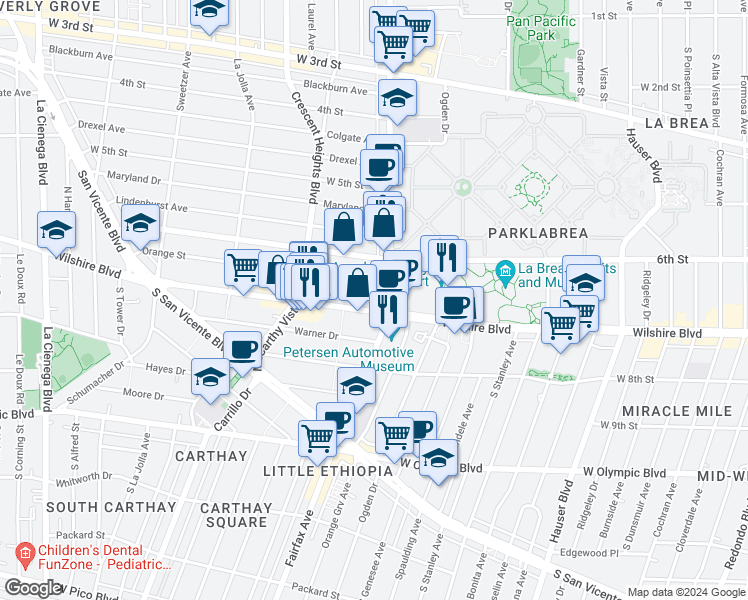map of restaurants, bars, coffee shops, grocery stores, and more near 6111 Wilshire Boulevard in Los Angeles