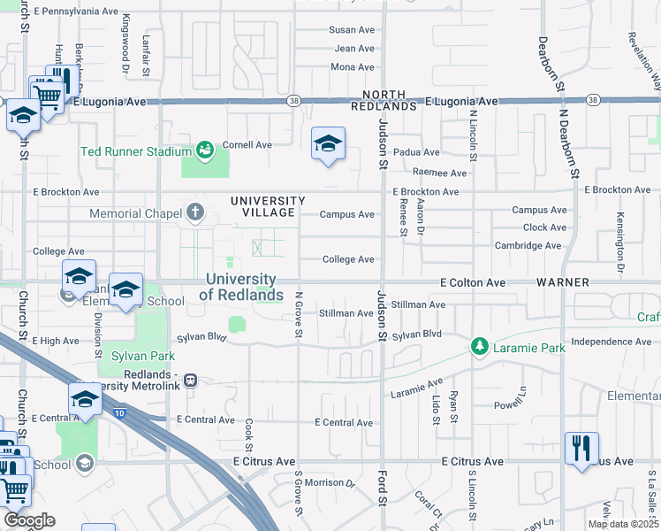 map of restaurants, bars, coffee shops, grocery stores, and more near in Redlands