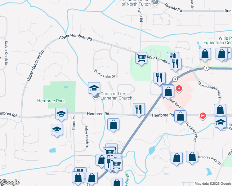 map of restaurants, bars, coffee shops, grocery stores, and more near 220 Hembree Forest Circle in Roswell