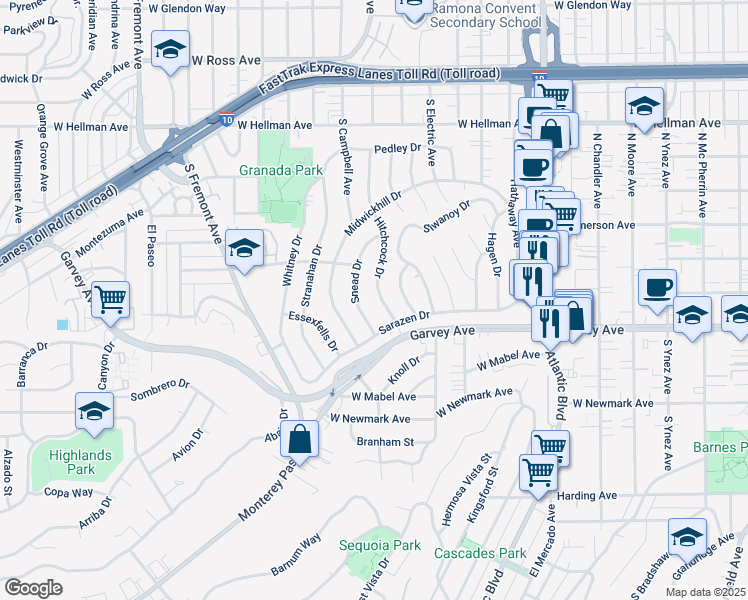map of restaurants, bars, coffee shops, grocery stores, and more near 2501 Hitchcock Drive in Alhambra