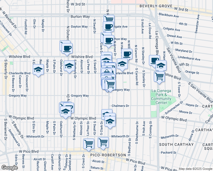 map of restaurants, bars, coffee shops, grocery stores, and more near 236 South Clark Drive in Beverly Hills