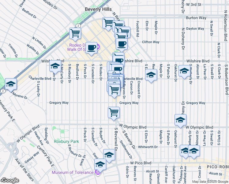 map of restaurants, bars, coffee shops, grocery stores, and more near 241 1/2 South Beverly Drive in Beverly Hills