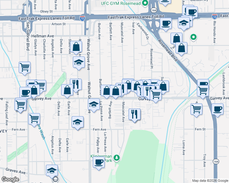 map of restaurants, bars, coffee shops, grocery stores, and more near 3022 Bartlett Avenue in Rosemead