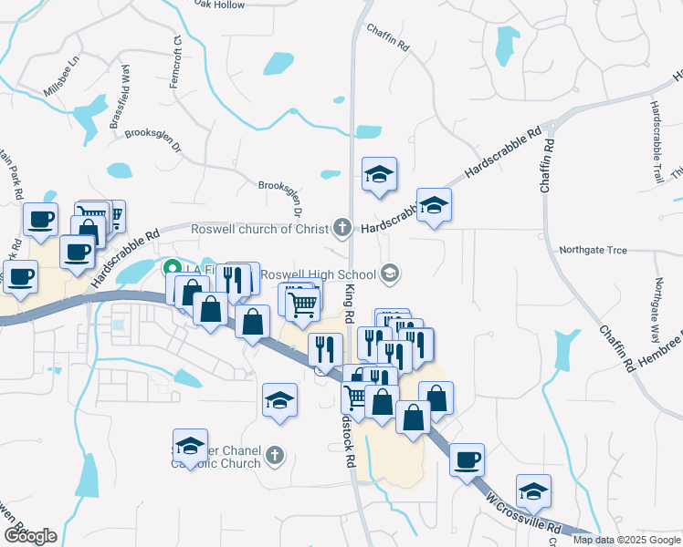 map of restaurants, bars, coffee shops, grocery stores, and more near 755 Kingridge Drive in Roswell