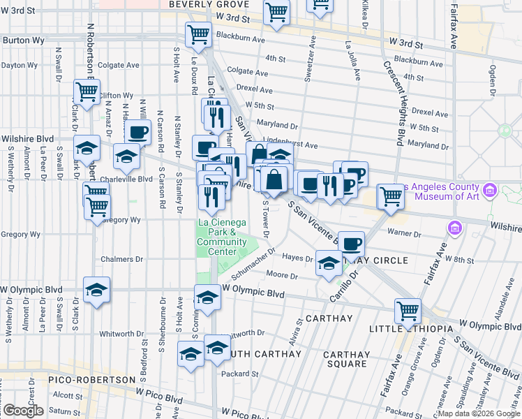 map of restaurants, bars, coffee shops, grocery stores, and more near 218 South Gale Drive in Beverly Hills