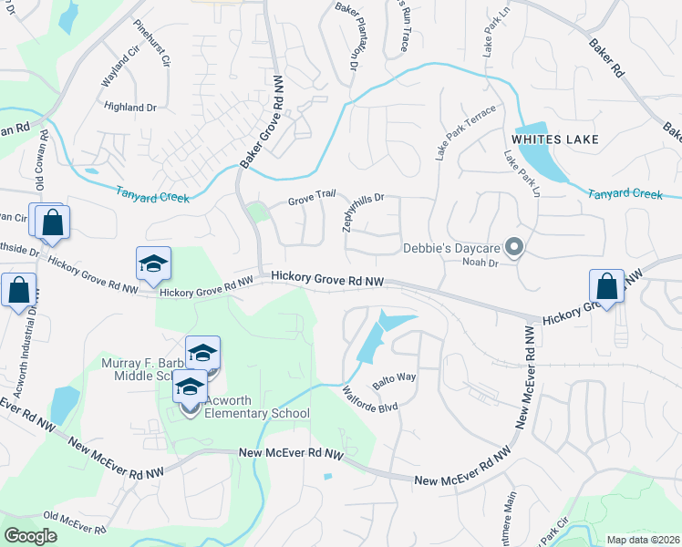 map of restaurants, bars, coffee shops, grocery stores, and more near 3320 Hickory Grove Road Northwest in Acworth