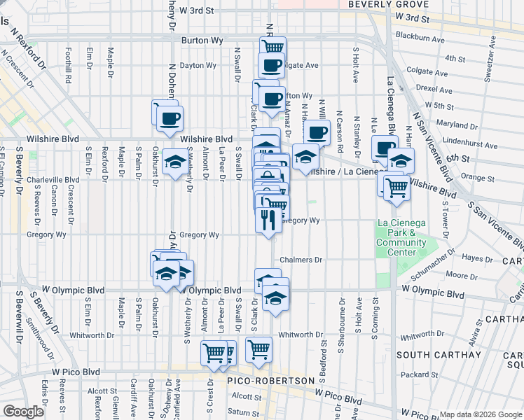 map of restaurants, bars, coffee shops, grocery stores, and more near 240 South Clark Drive in Beverly Hills