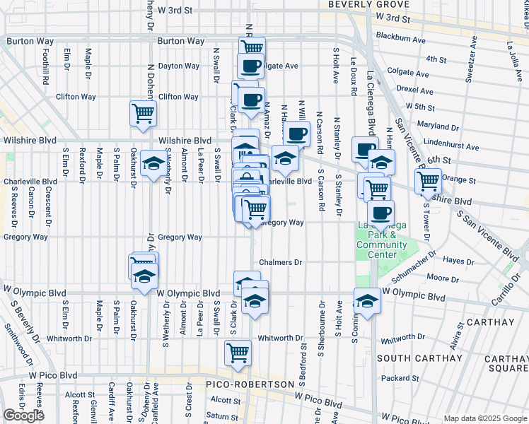 map of restaurants, bars, coffee shops, grocery stores, and more near 221 South Arnaz Drive in Beverly Hills