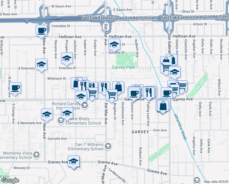 map of restaurants, bars, coffee shops, grocery stores, and more near 3026 Brighton Street in Rosemead