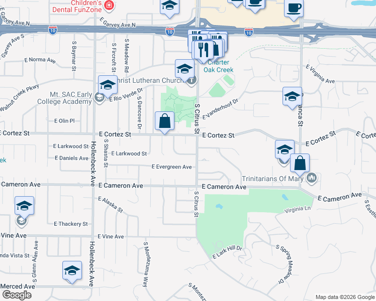 map of restaurants, bars, coffee shops, grocery stores, and more near 2537 East Larkwood Street in West Covina