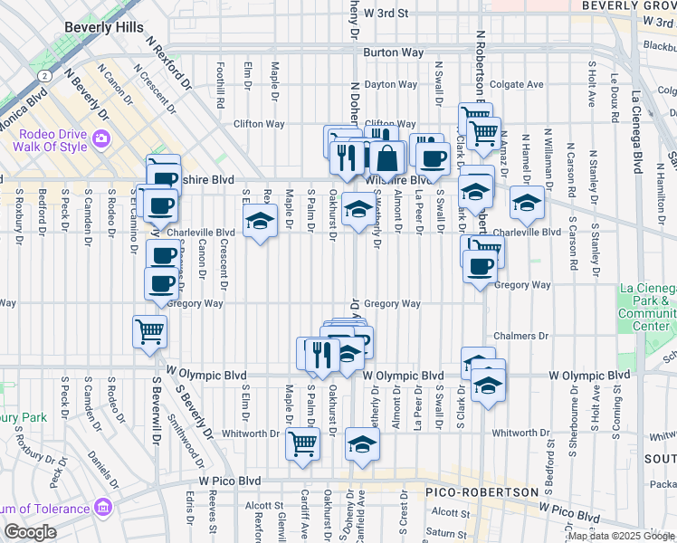 map of restaurants, bars, coffee shops, grocery stores, and more near 240 South Oakhurst Drive in Beverly Hills