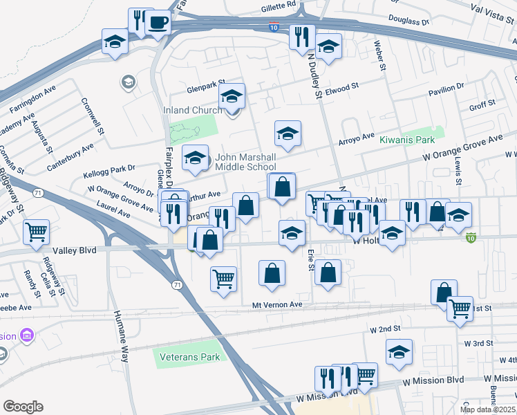 map of restaurants, bars, coffee shops, grocery stores, and more near 683 New York Drive in Pomona