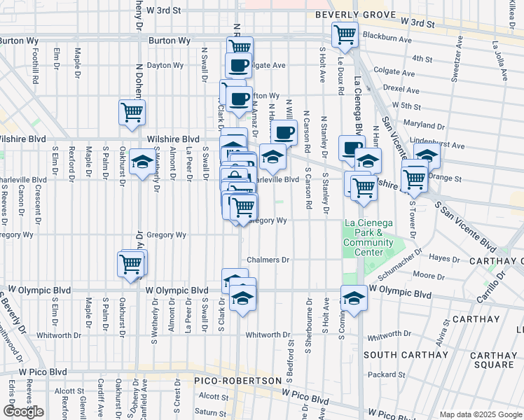 map of restaurants, bars, coffee shops, grocery stores, and more near 220 South Arnaz Drive in Beverly Hills