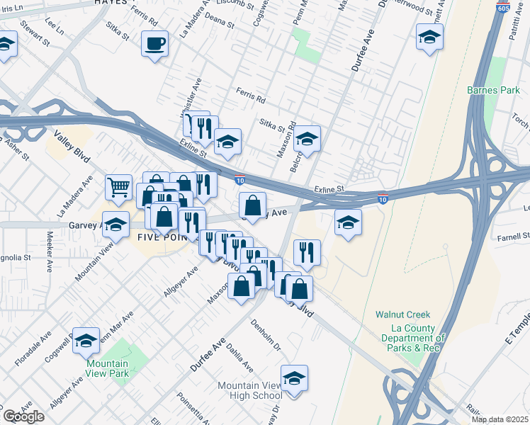 map of restaurants, bars, coffee shops, grocery stores, and more near 11800 Garvey Avenue in El Monte