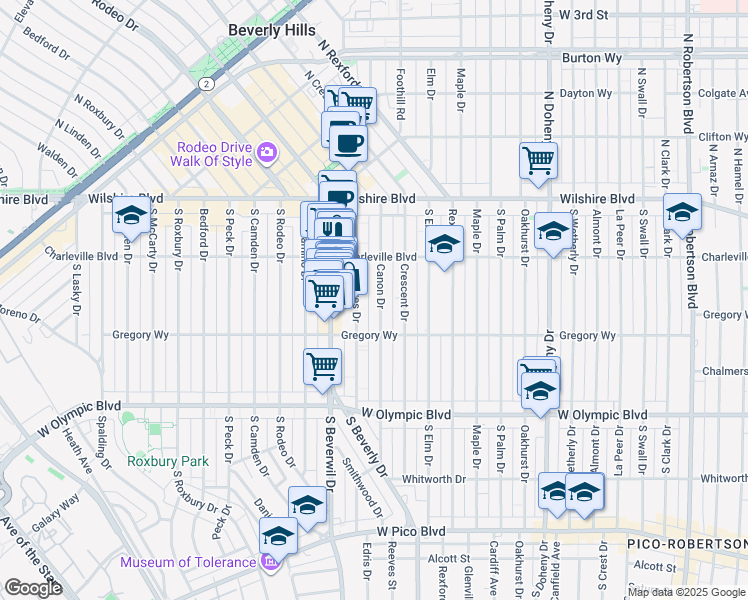 map of restaurants, bars, coffee shops, grocery stores, and more near 241 Canon Drive in Beverly Hills