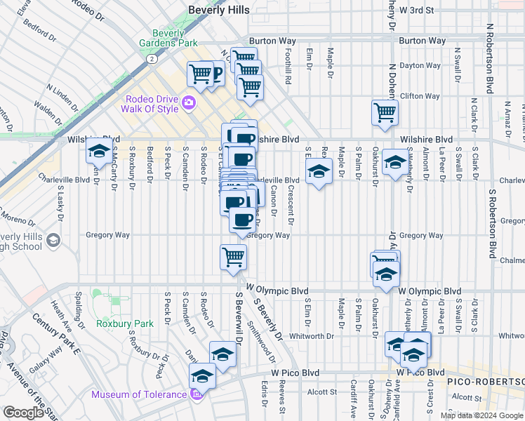 map of restaurants, bars, coffee shops, grocery stores, and more near 240 South Reeves Drive in Beverly Hills