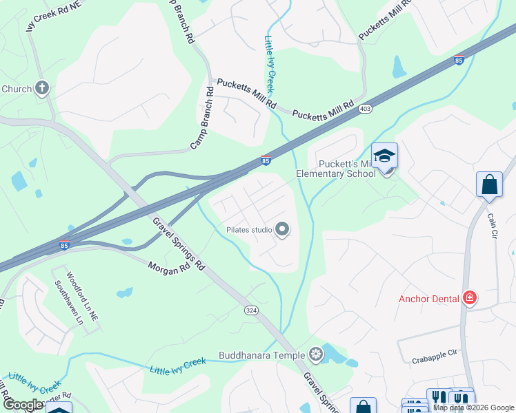 map of restaurants, bars, coffee shops, grocery stores, and more near 2707 Morgan Glen Road Northeast in Buford