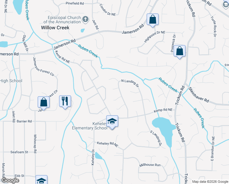 map of restaurants, bars, coffee shops, grocery stores, and more near 2228 North Woods Court in Marietta