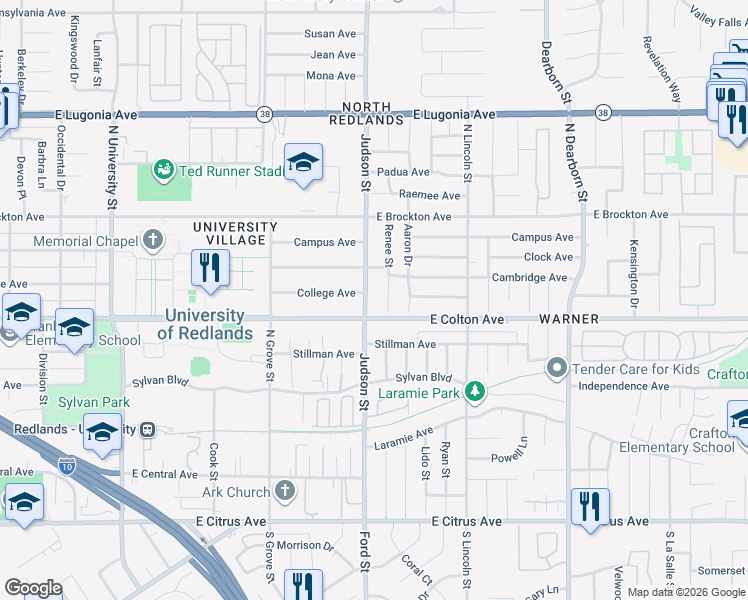 map of restaurants, bars, coffee shops, grocery stores, and more near 864 Judson Street in Redlands
