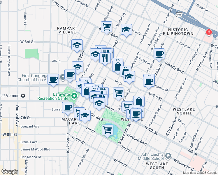 map of restaurants, bars, coffee shops, grocery stores, and more near 2544 West 5th Street in Los Angeles