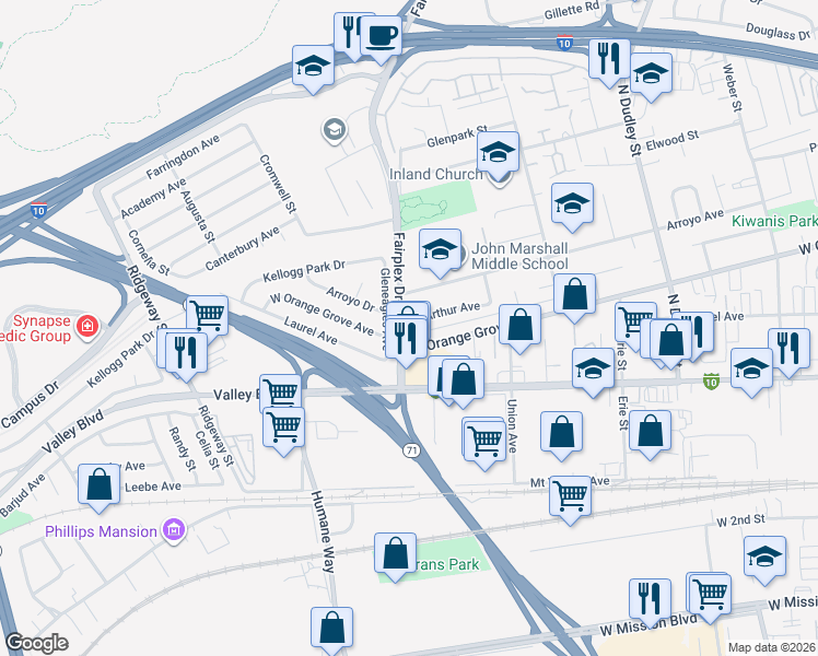 map of restaurants, bars, coffee shops, grocery stores, and more near 777 Gilbert Street in Pomona