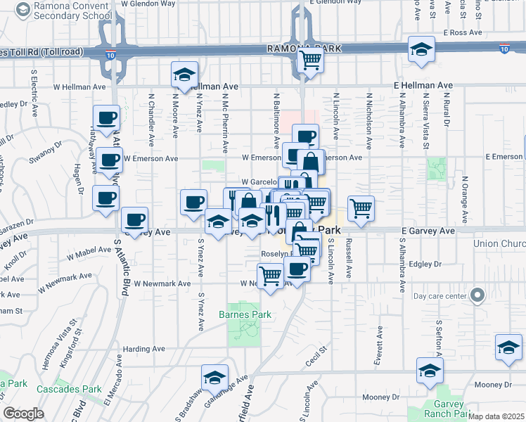 map of restaurants, bars, coffee shops, grocery stores, and more near 218 Avondale Avenue in Monterey Park
