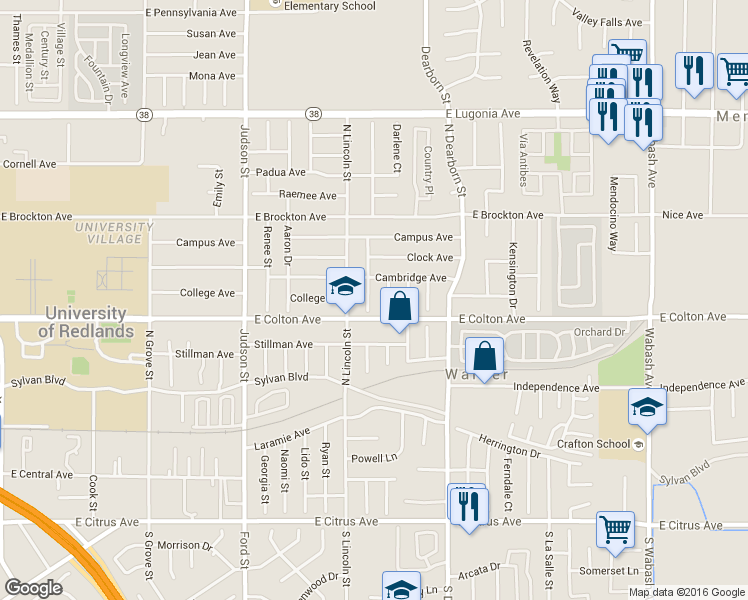 map of restaurants, bars, coffee shops, grocery stores, and more near 870 Falcon Lane in Redlands