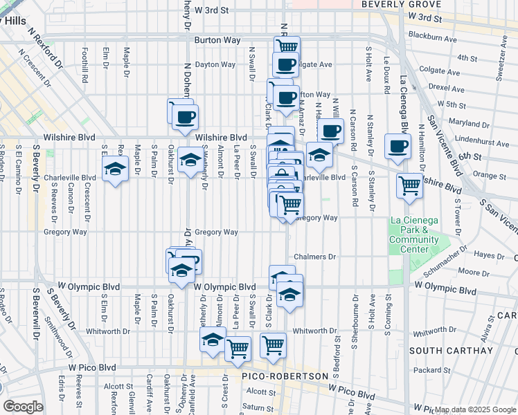 map of restaurants, bars, coffee shops, grocery stores, and more near 240 South Swall Drive in Beverly Hills
