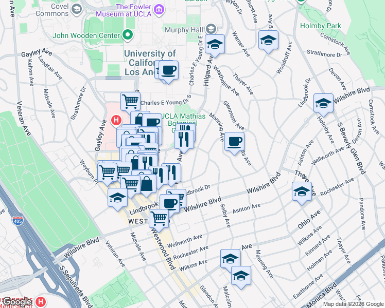map of restaurants, bars, coffee shops, grocery stores, and more near 911 Malcolm Avenue in Los Angeles