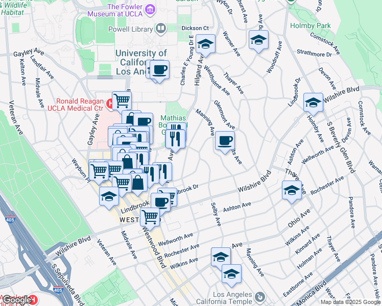 map of restaurants, bars, coffee shops, grocery stores, and more near 908 Malcolm Avenue in Los Angeles