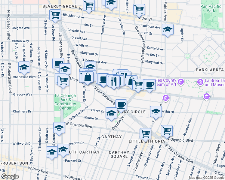map of restaurants, bars, coffee shops, grocery stores, and more near 6420 Wilshire Boulevard in Los Angeles