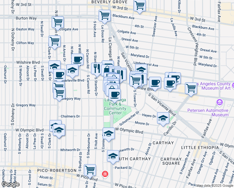 map of restaurants, bars, coffee shops, grocery stores, and more near 219 South Hamilton Drive in Beverly Hills