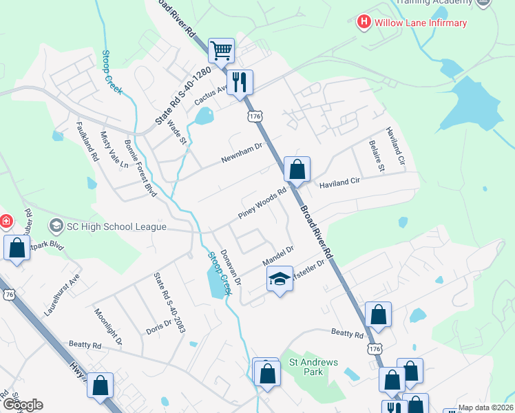 map of restaurants, bars, coffee shops, grocery stores, and more near 1117 State Road S-40-674 in Columbia