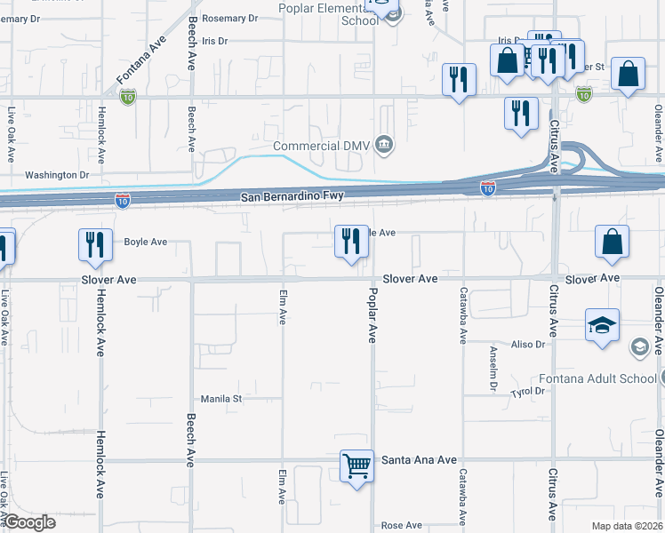 map of restaurants, bars, coffee shops, grocery stores, and more near 15594 Slover Avenue in Fontana