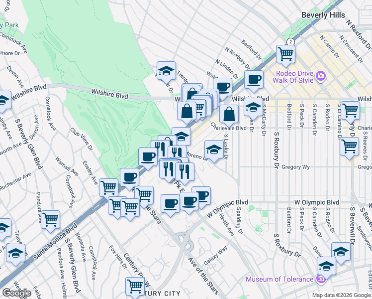 map of restaurants, bars, coffee shops, grocery stores, and more near 9970 Durant Drive in Beverly Hills