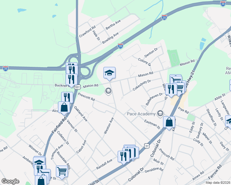 map of restaurants, bars, coffee shops, grocery stores, and more near 5922 Weston Avenue in Columbia