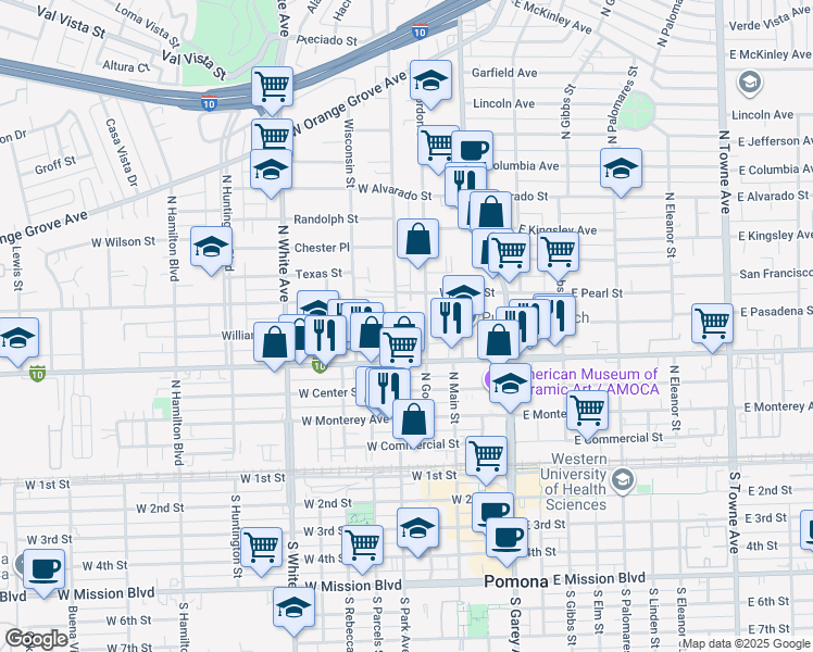 map of restaurants, bars, coffee shops, grocery stores, and more near 606 North Park Avenue in Pomona