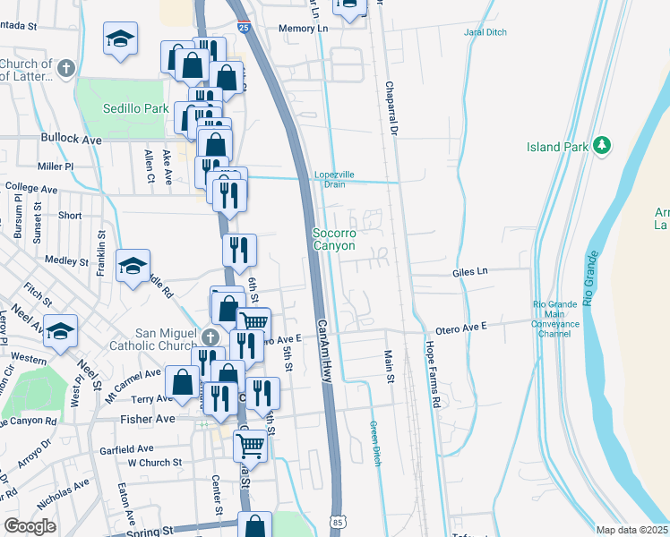 map of restaurants, bars, coffee shops, grocery stores, and more near 511 2nd Street in Socorro