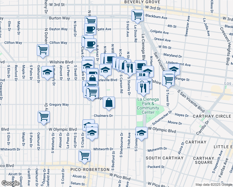 map of restaurants, bars, coffee shops, grocery stores, and more near 220 South Willaman Drive in Beverly Hills
