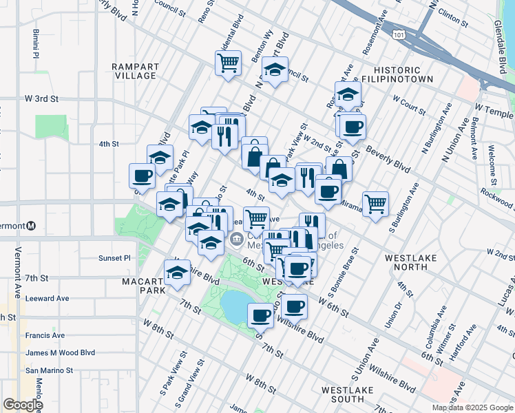 map of restaurants, bars, coffee shops, grocery stores, and more near 412 South Park View Street in Los Angeles