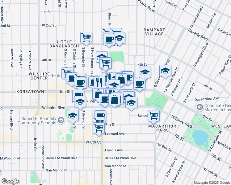 map of restaurants, bars, coffee shops, grocery stores, and more near 600 Shatto Place in Los Angeles