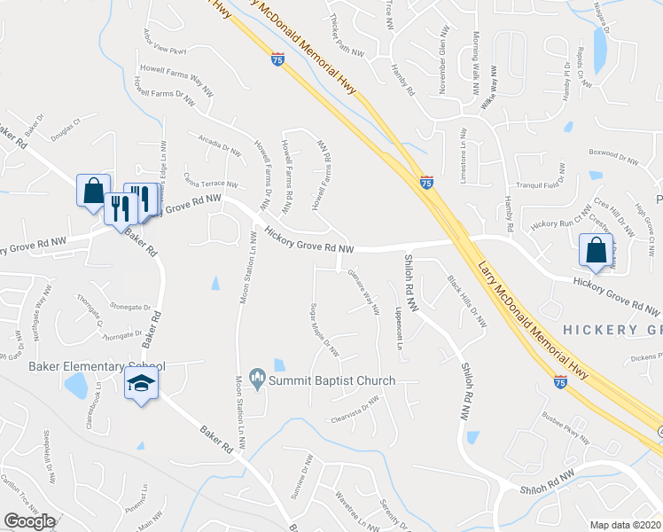 map of restaurants, bars, coffee shops, grocery stores, and more near 4210 Glenaire Way Northwest in Acworth