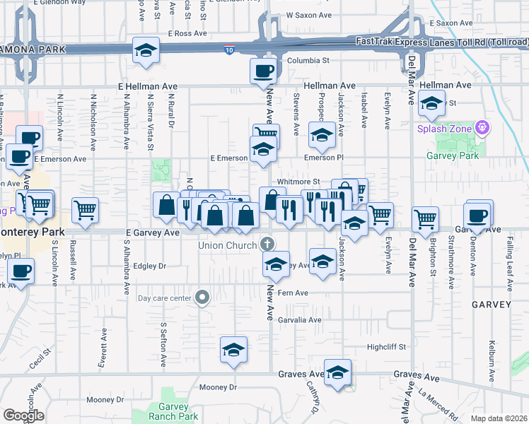 map of restaurants, bars, coffee shops, grocery stores, and more near 123 New Avenue in Monterey Park