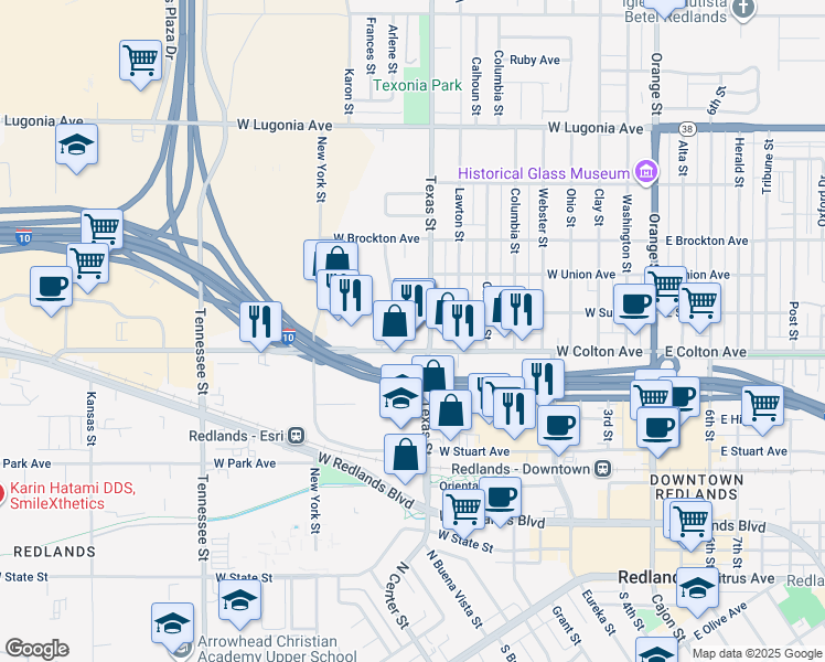 map of restaurants, bars, coffee shops, grocery stores, and more near 802 West Colton Avenue in Redlands