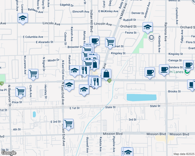 map of restaurants, bars, coffee shops, grocery stores, and more near 1681 East Holt Avenue in Pomona