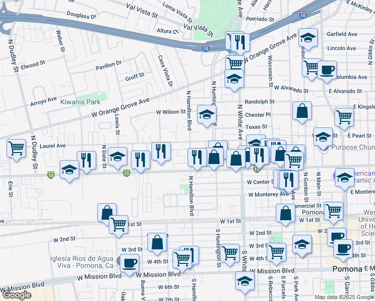 map of restaurants, bars, coffee shops, grocery stores, and more near 647 North Hamilton Boulevard in Pomona