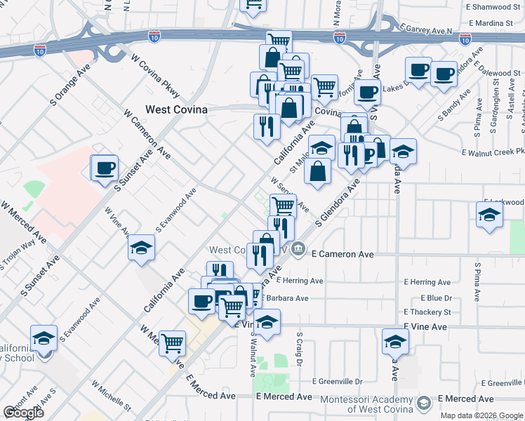 map of restaurants, bars, coffee shops, grocery stores, and more near 929 West Cameron Avenue in West Covina
