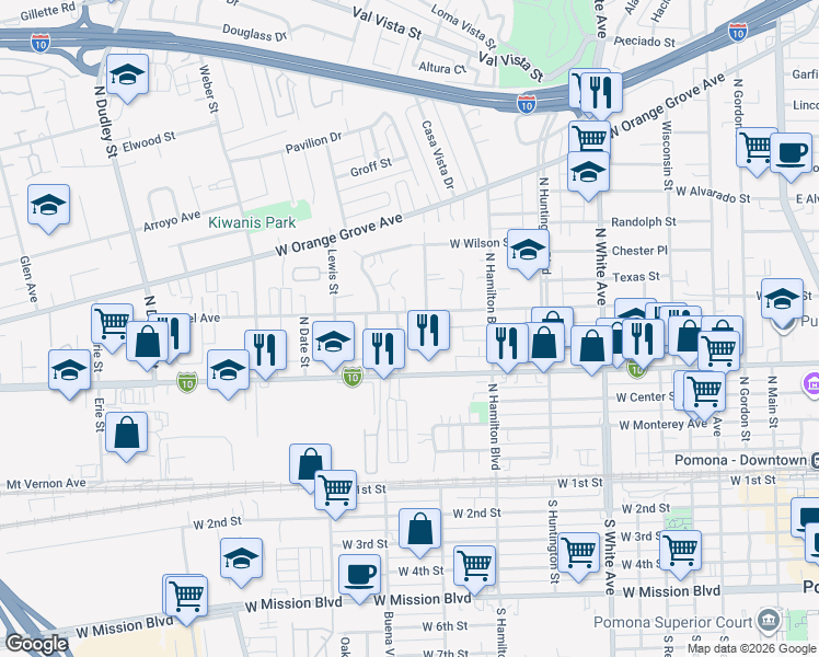 map of restaurants, bars, coffee shops, grocery stores, and more near 642 North Fillmore Place in Pomona