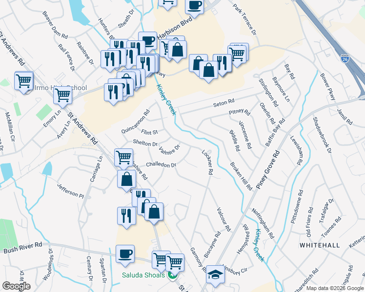 map of restaurants, bars, coffee shops, grocery stores, and more near 707 Lockner Road in Columbia