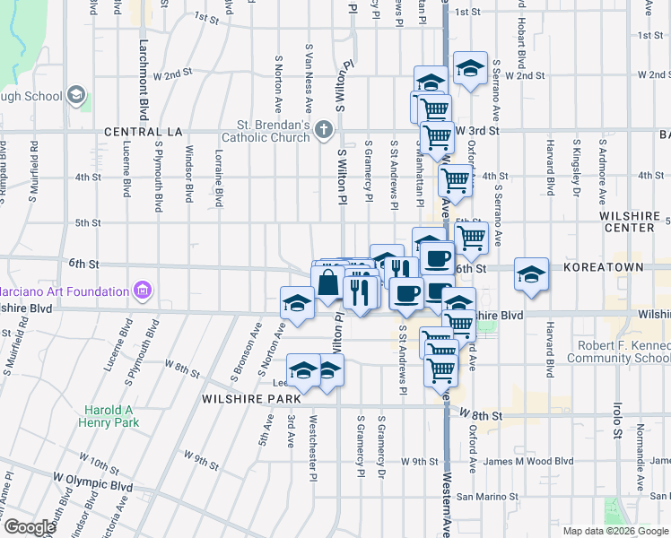 map of restaurants, bars, coffee shops, grocery stores, and more near 567 South Wilton Place in Los Angeles